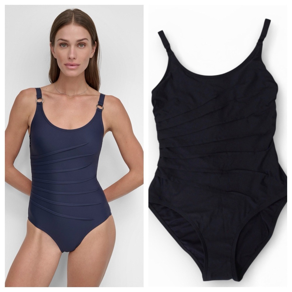 DKNY Swimsuit Navy Blue Starburst Ruched Adjustable Strap One Piece Swim Size L